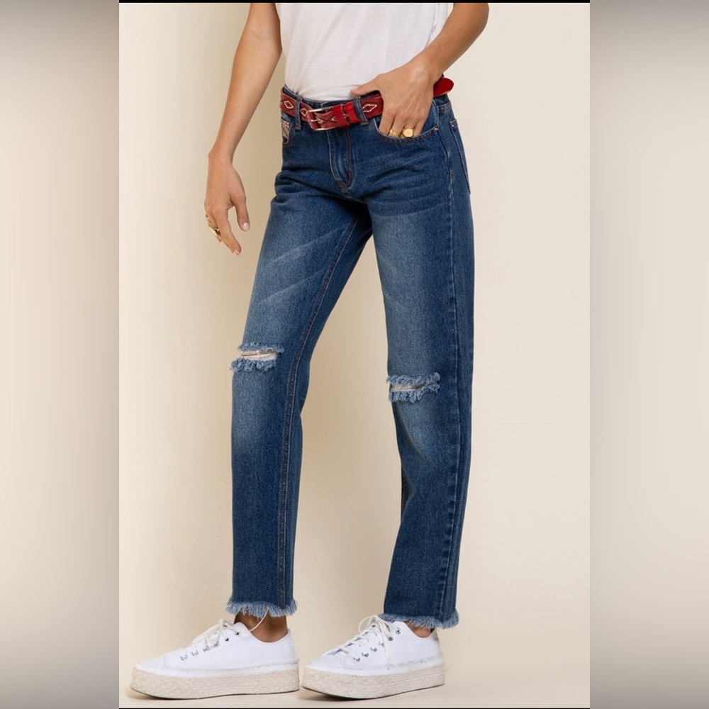NEW POL brand jeans with distressed hem and knee.